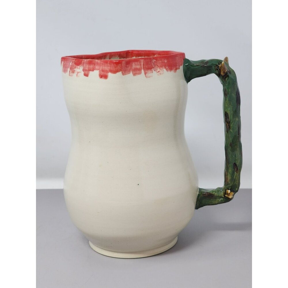 Handcrafted Ceramic Pitcher/Creamer Unique Green Textured Branch Handle Red Rim